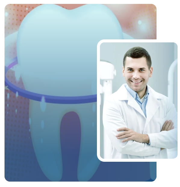 A dentist in a white lab coat smiling confidently, standing with arms crossed. The background features an abstract image of a large tooth, symbolizing dental health.